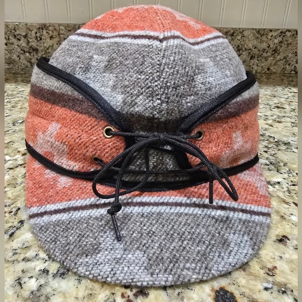 Crown Cap Aztec NAVAJO ORANGE RAILROAD HAT CAP WITH FLAPS Wool Blend